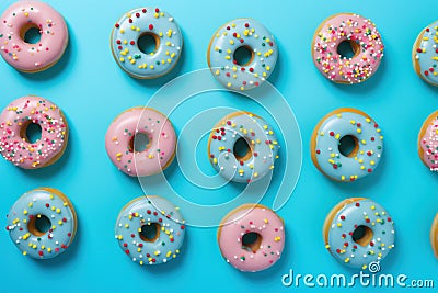 Sugary Donuts blue background. Generate Ai Stock Photo