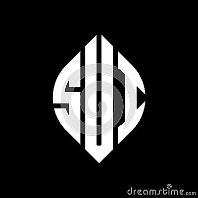 SUI circle letter logo design with circle and ellipse shape. SUI ellipse letters with typographic style. The three initials form a Vector Illustration
