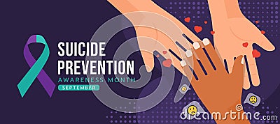 Suicide prevention awareness month text and suicide awareness prevention ribbon sign and hands that delivers love to a sad hand on Vector Illustration