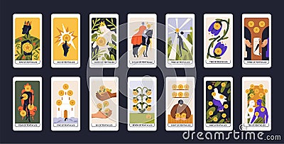 Suit of Coins in occult tarot cards deck. Minor arcanas designs set with Ace, Knight, King, Queen, Page of Pentacles Vector Illustration