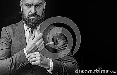 Suit fashion. Luxury classic suits, vogue. Man in classic suit, shirt and tie. Rich man model. Stock Photo