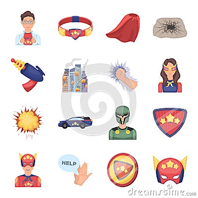 Suit, sign, superman, and other web icon in cartoon style. Lifeguard, protector, superpower icons in set collection. Vector Illustration