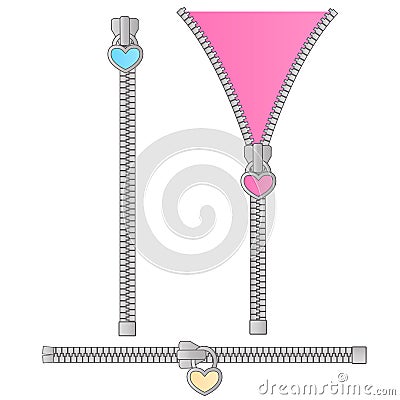 Cute vector set of zippers in the form of a small pink, blue, yellow heart. Vector Illustration