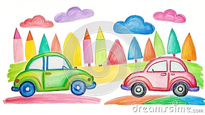 Childlike Drawing of Cars, House, Tree, Sun Illustration, Colorful Chalk on White Background Stock Photo