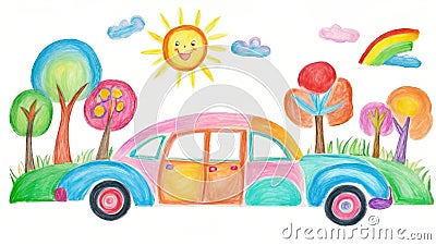 Childlike Drawing of Cars, House, Tree, Sun Illustration, Colorful Chalk on White Background Stock Photo