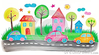 Childlike Drawing of Cars, House, Tree, Sun Illustration, Colorful Chalk on White Background Stock Photo