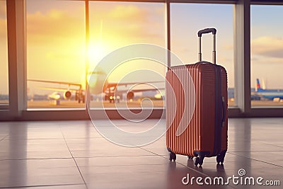 suitcase at airport plane. close up travel concept, summer vacation concept, traveler suitcases in airport terminal. Stock Photo