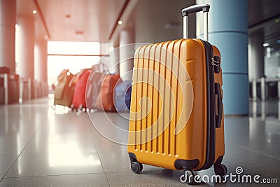 suitcase at airport plane. close up travel concept, summer vacation concept, traveler suitcases in airport terminal. Stock Photo