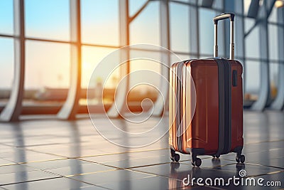 suitcase at airport plane. close up travel concept, summer vacation concept, traveler suitcases in airport terminal. Stock Photo