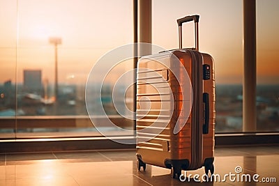 Suitcase awaits adventure in front of airport windows Stock Photo