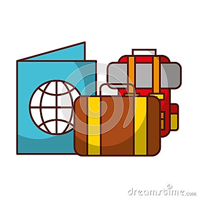 Suitcase backpack passport travel vacations Vector Illustration