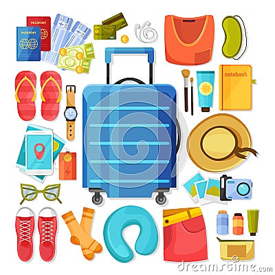 Suitcase Contents Flat Icons Vector Illustration