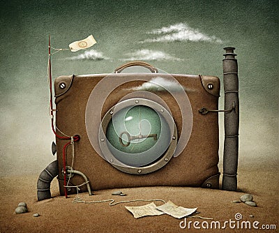 Suitcase in desert Cartoon Illustration