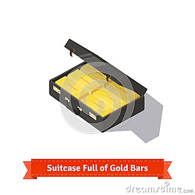 Suitcase full of gold bars. Dollars stacks Vector Illustration