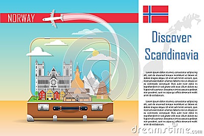 Suitcase with landmarks of Norway Vector Illustration