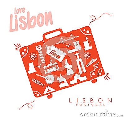 Suitcase Lisbon Travel Monuments in Lisbon Cartoon Illustration