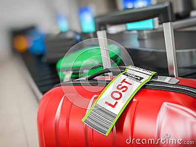 Suitcase with lost sticker on an airport baggage conveyor or baggage claim transporter Cartoon Illustration