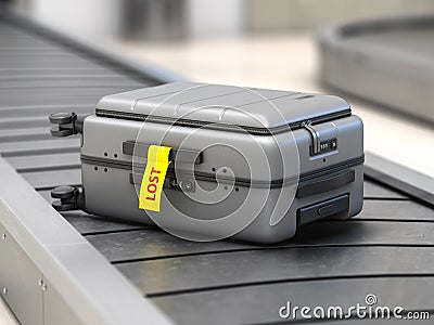 Suitcase with lost sticker on an airport baggage conveyor or baggage claim transporter Cartoon Illustration