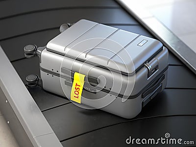 Suitcase with lost sticker on an airport baggage conveyor or baggage claim transporter Cartoon Illustration
