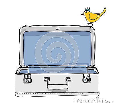 Suitcase Luggage Cream Colored with yellow bird vintage Vector Illustration