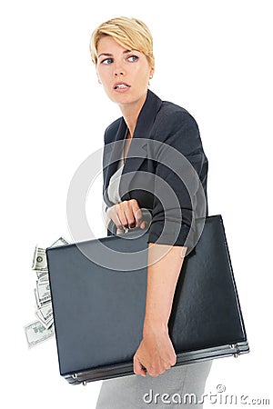 Suitcase, money or businesswoman in studio walking for illegal payment, deal or secret scam. Scared, white background or Stock Photo