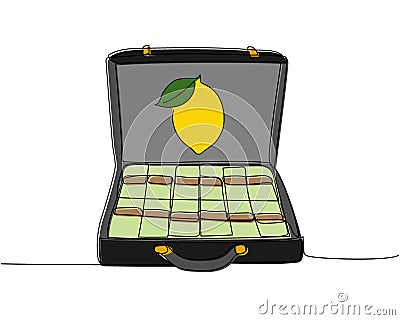 Suitcase with money with lemon, winnings, bribe, ransom money, cash, banknotes, dollars, hryvnia, euro color, colored Cartoon Illustration