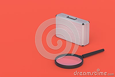 Suitcase near magnifying glass. Search for investors for business. Checking investment portfolios Stock Photo