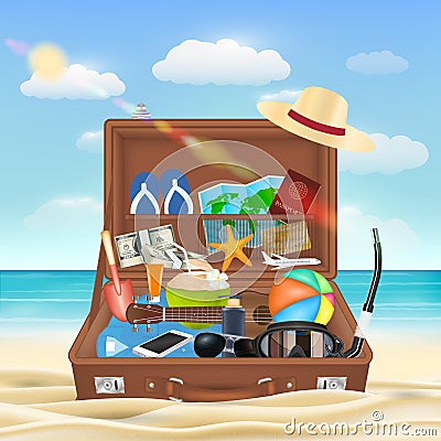Suitcase open with beach travel object on beach Vector Illustration