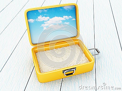Suitcase open with sand. Stock Photo