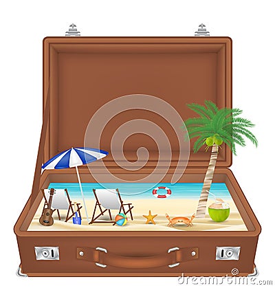 Suitcase open with sea and beach scene in side Vector Illustration