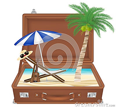 Suitcase open with sea and beach scene in side Vector Illustration