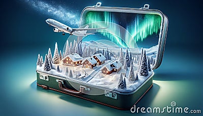 Suitcase Opens to 3D Snowy Resort with Aurora Stock Photo