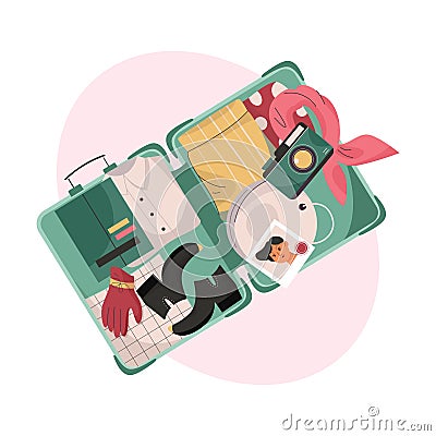 Suitcase with packed female clothes for travel in top view Vector Illustration