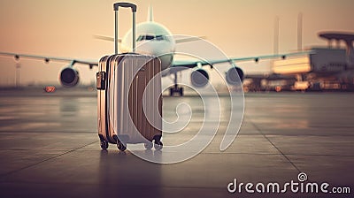 A suitcase on a runway with blurred airplane in the background. Business travel concept. Stock Photo
