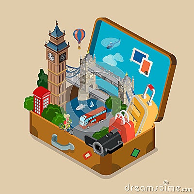 Suitcase sights landmarks vacation travel flat isometric vector Vector Illustration