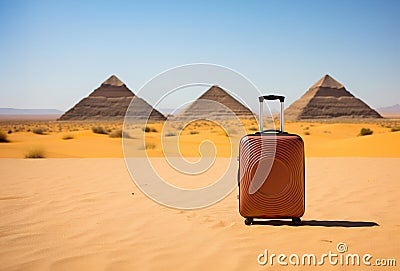 Suitcase sitting in the middle of a desert. Egypt pyramids on background. Minimalist touristic concept Stock Photo