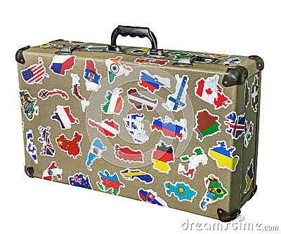 Suitcase stickers of the flags of the countries from travels Stock Photo