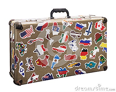 Suitcase stickers of the flags of the countries from travels Stock Photo