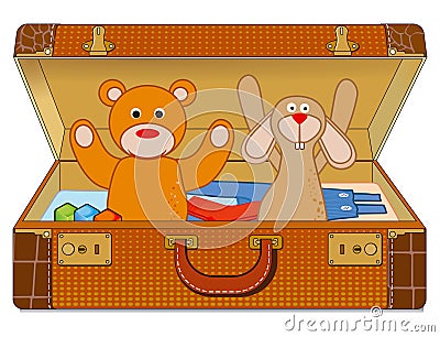 Suitcase with stuffed animals Vector Illustration