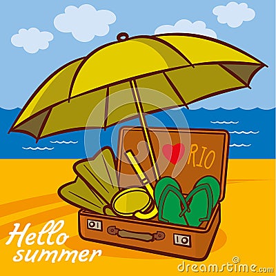 Suitcase with summer things and an umbrella on the beach Vector Illustration