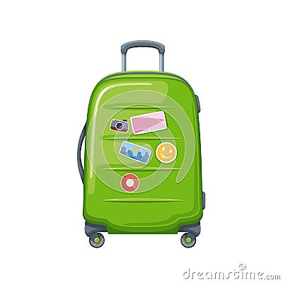 Suitcase for travel, luggage for airplane flight, plastic green valise with trolley, tags Vector Illustration