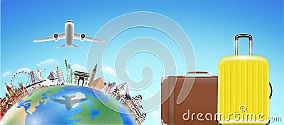 Suitcase with world travel landmark and airplane Vector Illustration