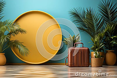 A suitcase and Yellow copy space circle. Potted plants. Minimalist touristic concept Stock Photo