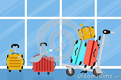 Suitcases on airport and luggage trolley. Travel bag. Summer time. Holidays. Vacation trip. Rest. Windows. Vector Illustration