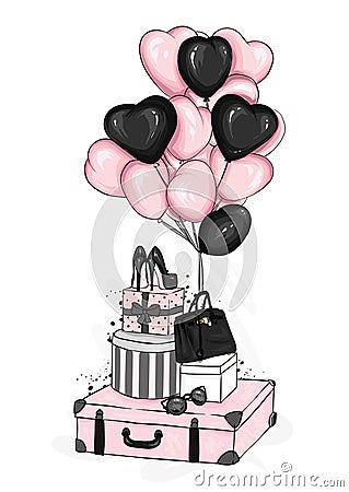 Suitcases, bag, shoes and fashion accessories with heart-shaped balloons. Dessert. Vector illustration for greeting card or poster Vector Illustration