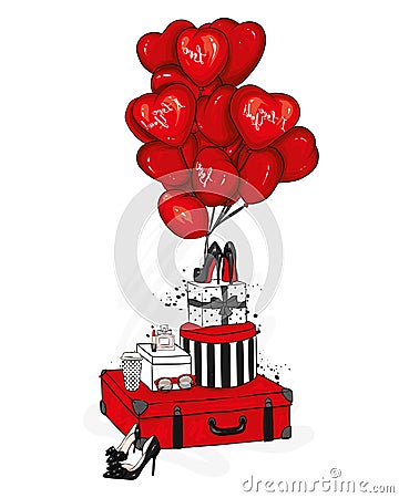 Suitcases, bag, shoes and fashion accessories with heart-shaped balloons. Dessert. Vector illustration for greeting card or poster Vector Illustration