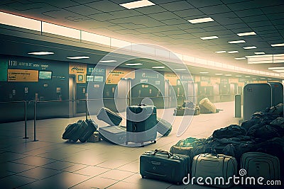 Suitcases and bags piled up in heap in airport baggage claim area Stock Photo