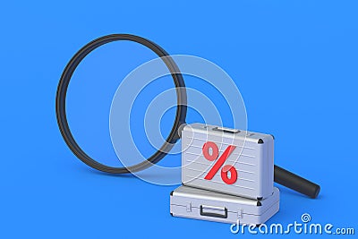 Suitcases in magnifying glass and symbol of percent. Investor search. Profitable business offers Stock Photo