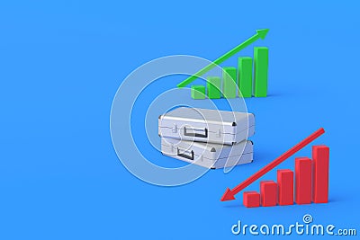 Suitcases near charts with up, down arrow. Forecasting profitability of investments Stock Photo