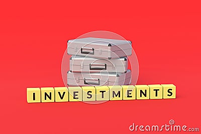 Suitcases near cubes with word investments. Investing in stocks, bonds and securities Stock Photo